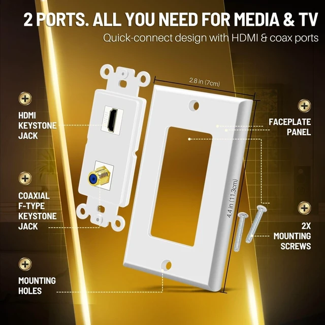 Alt view image 6 of 7 - 4-Port HDMI Ethernet Coax and Phone Wall Plate, Cat6 RJ45, White Single-Gang Pass-Through Faceplate Uses Female Couplers for Simple Cable Connections and Measures 4.5 X 2.7 In
