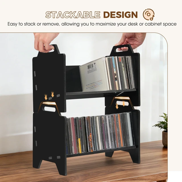 Alt view image 3 of 7 - 2 Pack Stackable CD Holder Organizer Rack, CD Storage Tower Shelf Holds up to 56 CD Cases, Jewel Case Display Stand Fit for Theatre Room - Black