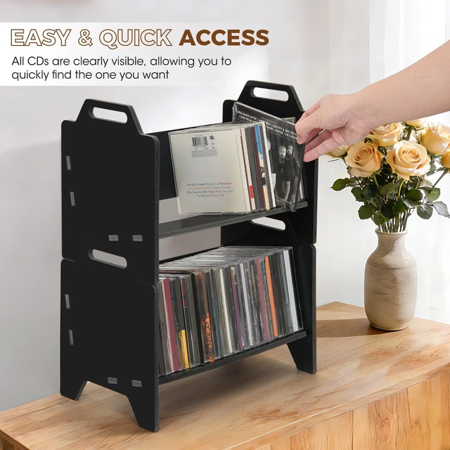 Alt view image 4 of 7 - 2 Pack Stackable CD Holder Organizer Rack, CD Storage Tower Shelf Holds up to 56 CD Cases, Jewel Case Display Stand Fit for Theatre Room - Black