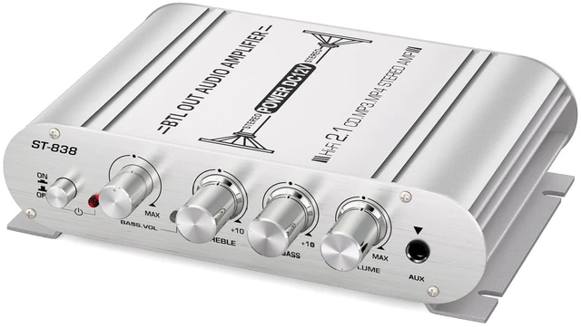 Main image of ST-838 2.1 Channel Mini Amplifier, RMS 20Wx2 + 40W Sub Output Audio Amp for Passive Speakers & Desktop Audio Compact Stereo Receiver with RCA/AUX DC 12V Power Adapter Included