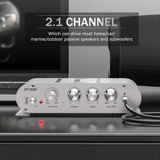 Alt view image 3 of 7 - ST-838 2.1 Channel Mini Amplifier, RMS 20Wx2 + 40W Sub Output Audio Amp for Passive Speakers & Desktop Audio Compact Stereo Receiver with RCA/AUX DC 12V Power Adapter Included