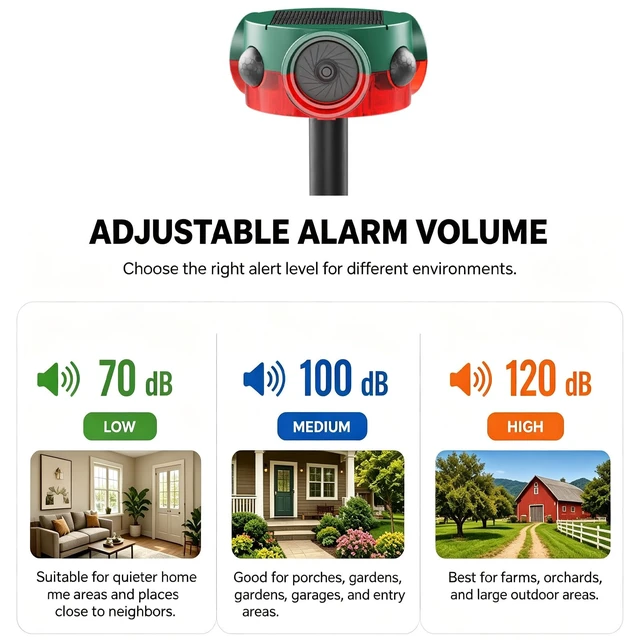 Alt view image 3 of 7 - Solar Outdoor Motion Sensor Alarm - 360° Detection & 3x120dB Speakers, 3 Sensors, Universal Mount & Ground Stake, IP65 Waterproof Security Alarm for Yard, Farm, Warehouse (1pack)