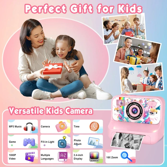 Alt view image 2 of 7 - Kids Camera, Upgrade Kids Camera Instant Print, Front Rear Dual Selfie Digital CAM with 1080P Videos, Portable Travel Toy with Games and Music, Christmas Birthday Gift for Boys, Girls and Teens