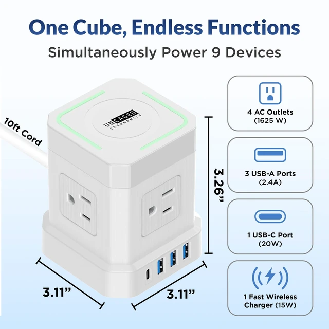 Alt view image 2 of 7 - Wireless Charger Power Cube/USB-C Fast Charging (White) A bedside charging station for 9 devices 15W wireless, USB-C & 3 USB ports, 320J surge protection, 4 outlets, 10ft cord