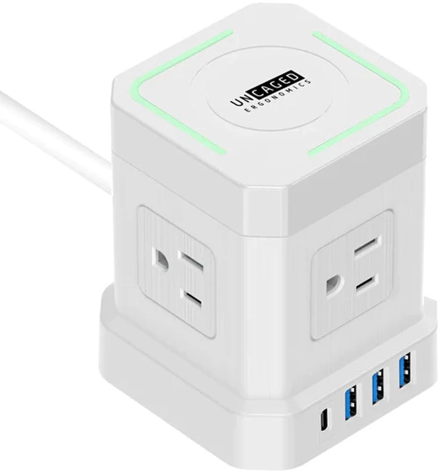 Main image of Wireless Charger Power Cube/USB-C Fast Charging (White) A bedside charging station for 9 devices 15W wireless, USB-C & 3 USB ports, 320J surge protection, 4 outlets, 10ft cord