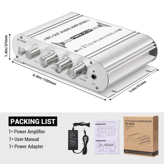 Alt view image 7 of 7 - ST-838 2.1 Channel Mini Amplifier, RMS 20Wx2 + 40W Sub Output Audio Amp for Passive Speakers & Desktop Audio Compact Stereo Receiver with RCA/AUX DC 12V Power Adapter Included