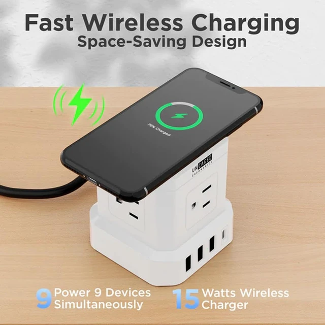 Alt view image 4 of 7 - Wireless Charger Power Cube/USB-C Fast Charging (White) A bedside charging station for 9 devices 15W wireless, USB-C & 3 USB ports, 320J surge protection, 4 outlets, 10ft cord