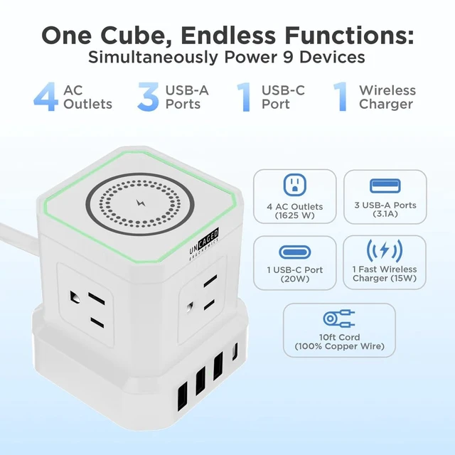 Alt view image 5 of 7 - Wireless Charger Power Cube/USB-C Fast Charging (White) A bedside charging station for 9 devices 15W wireless, USB-C & 3 USB ports, 320J surge protection, 4 outlets, 10ft cord