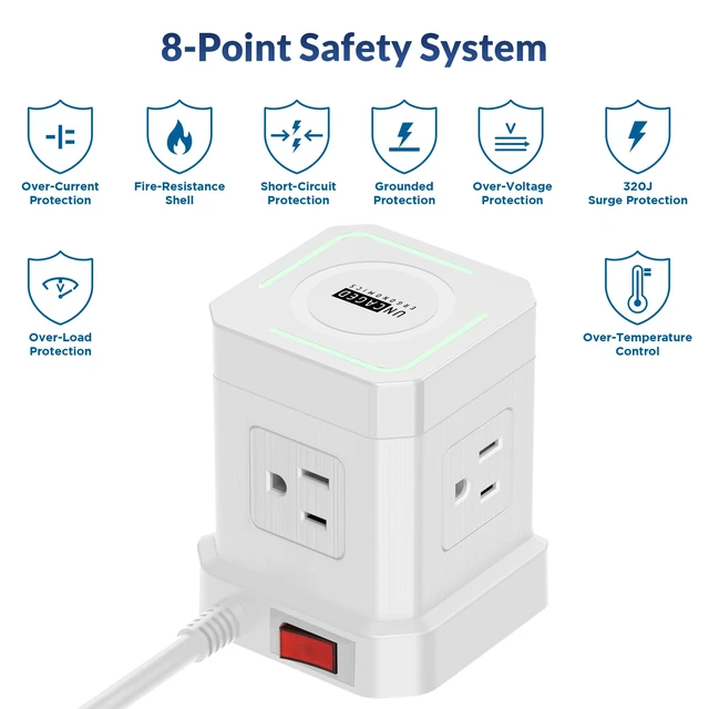 Alt view image 6 of 7 - Wireless Charger Power Cube/USB-C Fast Charging (White) A bedside charging station for 9 devices 15W wireless, USB-C & 3 USB ports, 320J surge protection, 4 outlets, 10ft cord