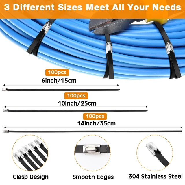 Alt view image 2 of 7 - 300 Pcs Metal Zip Ties Heavy Duty 304 Stainless Steel, Multi Sizes Multi Purpose Self Locking Cable Ties for Exhaust Machinery Fence Farm Pipe Roof Outdoor, Weatherproof Secure Fastening