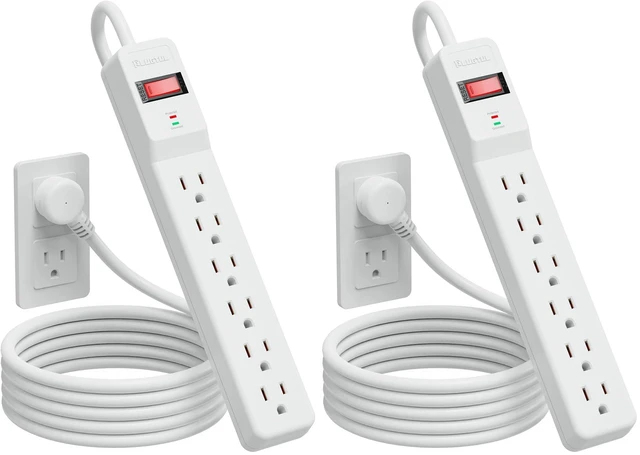 Main image of Power Strip Surge Protector 6FT, 980Joules, 6 Outlet, Flat Plug, Wall Mountable for Home Office Garage, ETL Listed, White (Pack of 2)
