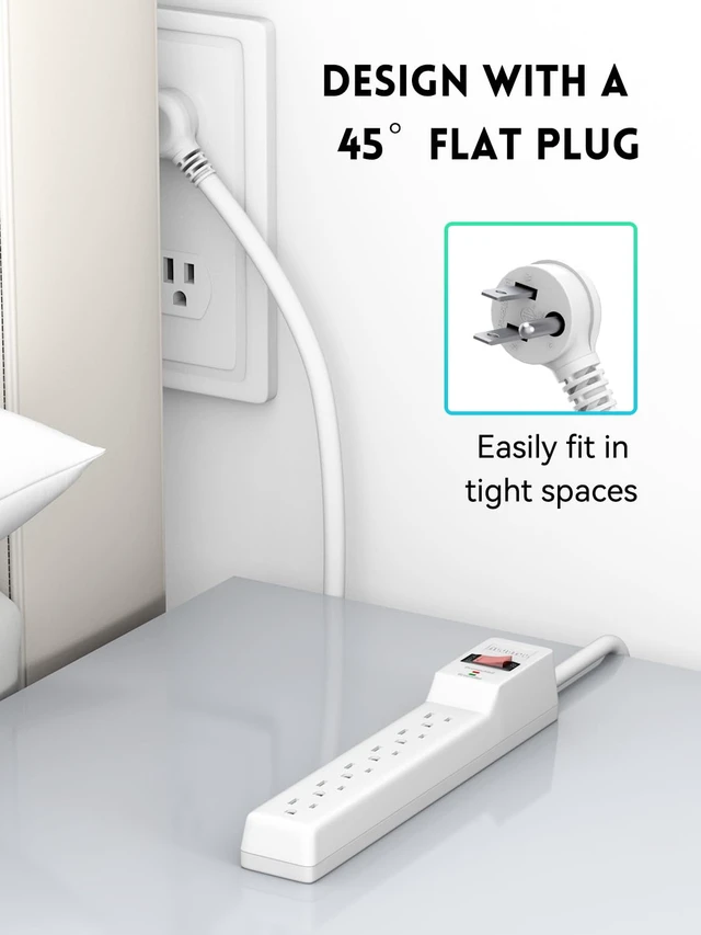 Alt view image 5 of 7 - Power Strip Surge Protector 6FT, 980Joules, 6 Outlet, Flat Plug, Wall Mountable for Home Office Garage, ETL Listed, White (Pack of 2)