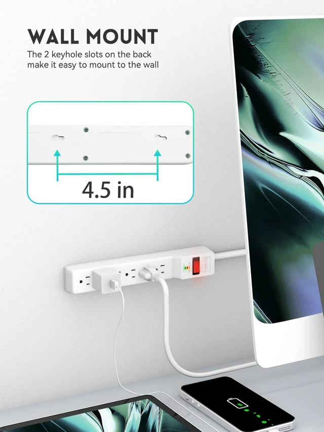 Alt view image 6 of 7 - Power Strip Surge Protector 6FT, 980Joules, 6 Outlet, Flat Plug, Wall Mountable for Home Office Garage, ETL Listed, White (Pack of 2)