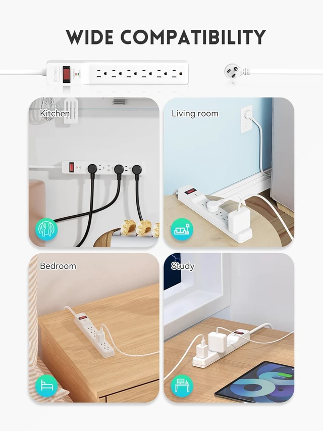 Alt view image 7 of 7 - Power Strip Surge Protector 6FT, 980Joules, 6 Outlet, Flat Plug, Wall Mountable for Home Office Garage, ETL Listed, White (Pack of 2)