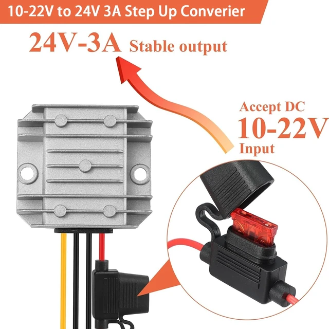 Alt view image 2 of 7 - DC 10V-22V Step Up to 24V 3A 72W DC Boost Converter with Fuse Voltage Regulator Waterproof Module Transformer DC to DC for Golf Cart CNC Equipment RV Accessories