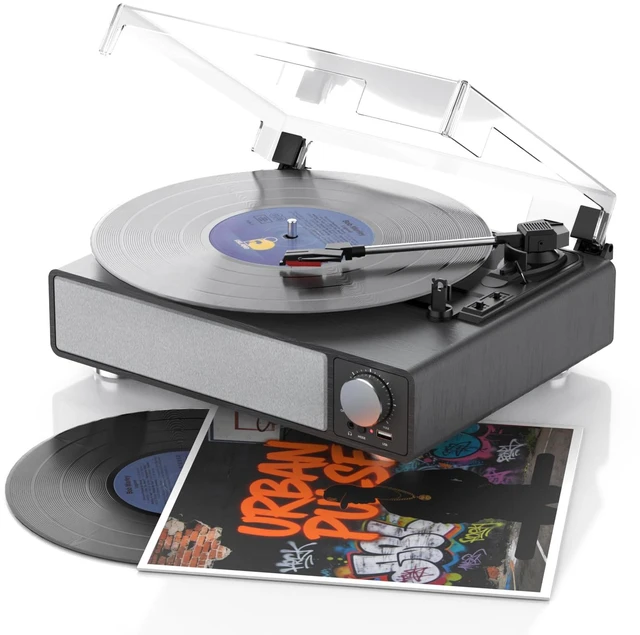 Main image of Vinyl Record Player with Speakers, 3-Speed Turntable Black Bluetooth Transmitter,Auto Stop,RCA Output/USB/Headphone Jacks,Vintage Record Player Wooden Design