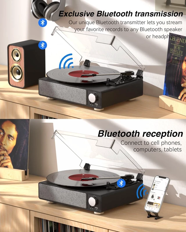 Alt view image 2 of 7 - Vinyl Record Player with Speakers, 3-Speed Turntable Black Bluetooth Transmitter,Auto Stop,RCA Output/USB/Headphone Jacks,Vintage Record Player Wooden Design