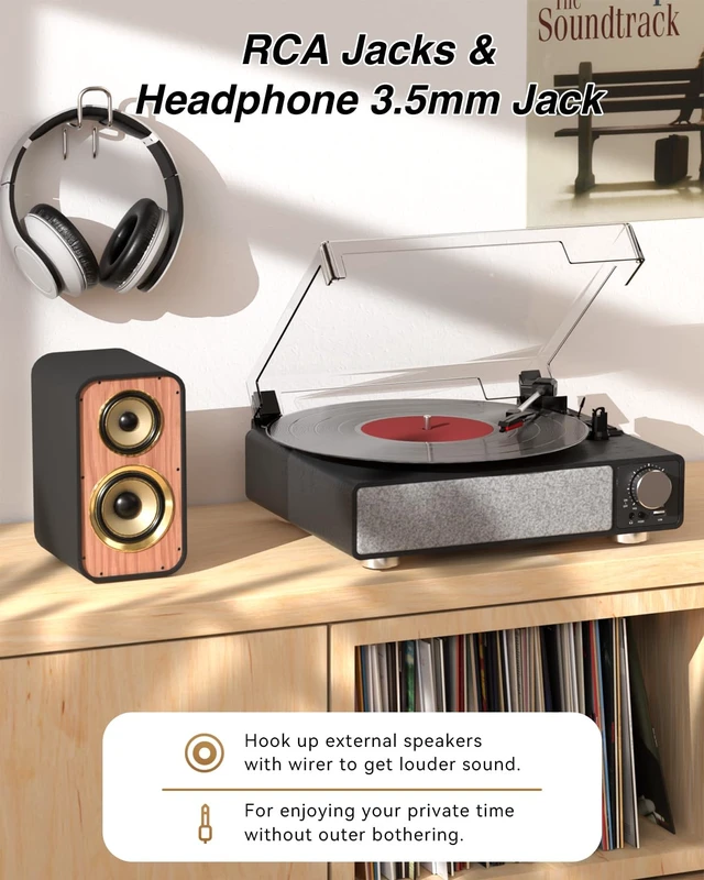 Alt view image 3 of 7 - Vinyl Record Player with Speakers, 3-Speed Turntable Black Bluetooth Transmitter,Auto Stop,RCA Output/USB/Headphone Jacks,Vintage Record Player Wooden Design