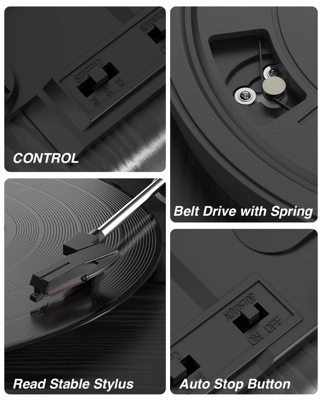 Alt view image 4 of 7 - Vinyl Record Player with Speakers, 3-Speed Turntable Black Bluetooth Transmitter,Auto Stop,RCA Output/USB/Headphone Jacks,Vintage Record Player Wooden Design