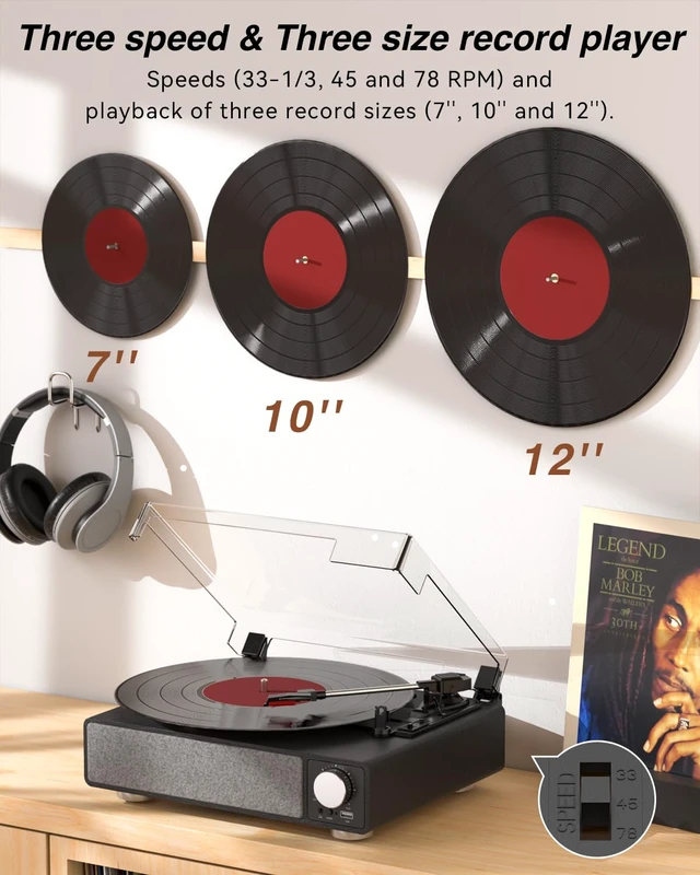 Alt view image 5 of 7 - Vinyl Record Player with Speakers, 3-Speed Turntable Black Bluetooth Transmitter,Auto Stop,RCA Output/USB/Headphone Jacks,Vintage Record Player Wooden Design