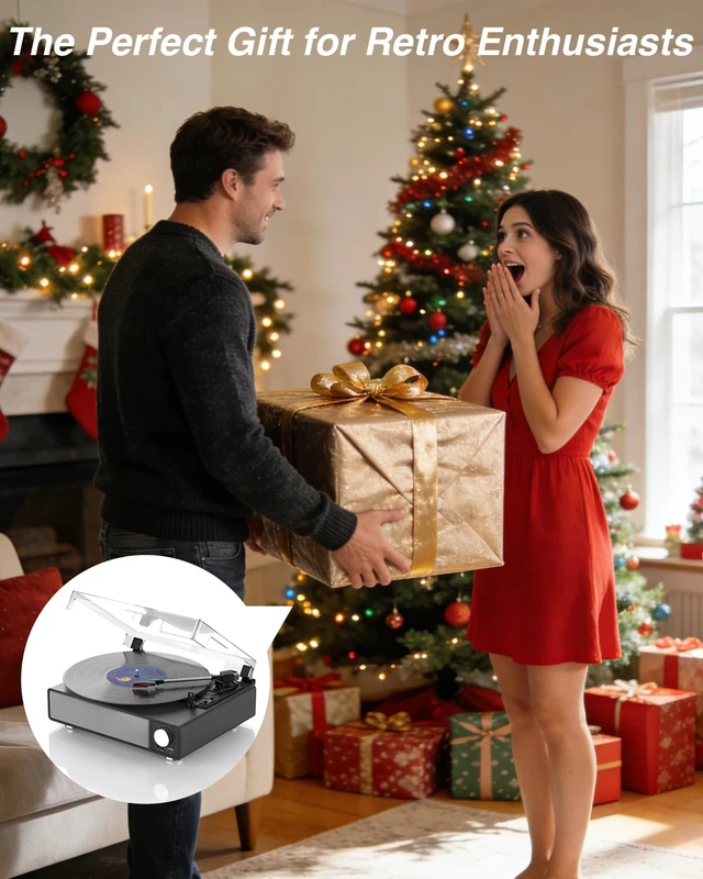 Alt view image 7 of 7 - Vinyl Record Player with Speakers, 3-Speed Turntable Black Bluetooth Transmitter,Auto Stop,RCA Output/USB/Headphone Jacks,Vintage Record Player Wooden Design