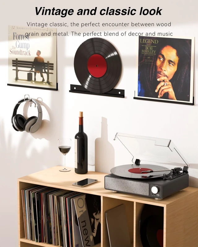 Alt view image 6 of 7 - Vinyl Record Player with Speakers, 3-Speed Turntable Black Bluetooth Transmitter,Auto Stop,RCA Output/USB/Headphone Jacks,Vintage Record Player Wooden Design