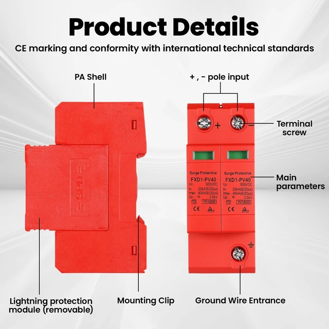 Alt view image 3 of 7 - 2P Protective Devices 2Pcs SPD 40KA DC Photovoltaic Arrester with Remote Protectors (DC 500V)