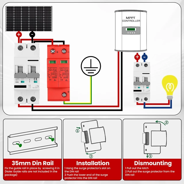 Alt view image 5 of 7 - 2P Protective Devices 2Pcs SPD 40KA DC Photovoltaic Arrester with Remote Protectors (DC 500V)