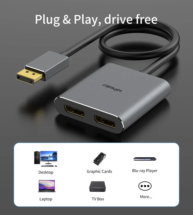 Alt view image 7 of 7 - DisplayPort to Dual DisplayPort Splitter Adapter 4K60Hz for Dual Monitor Display, MST Display Port Adapter Extend Display 1 in 2 Out, displayport Hub for Desktop PC Laptop
