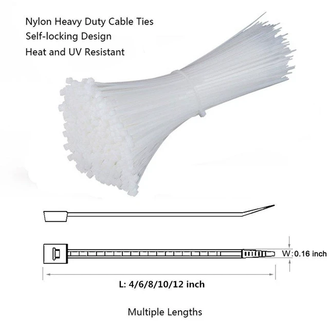 Main image of Self Locking Nylon Cable Zip Ties,4 6 8 10 12 Inches,Width 0.16inch,500Pcs HeavyDuty Wire Tie Wraps for Home,Office,Garden,Garage,Workshop (White)