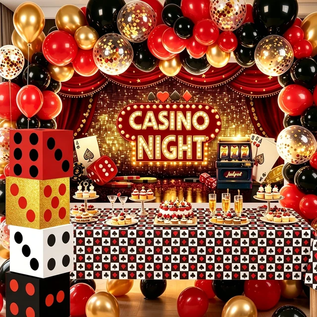 Main image of Casino Theme Party Decorations Kit with Casino Night Backdrop Red Dice Treat Boxes, Poker Tablecloth and Balloon Garland for Las Vegas Night Adult Birthday Event Decor