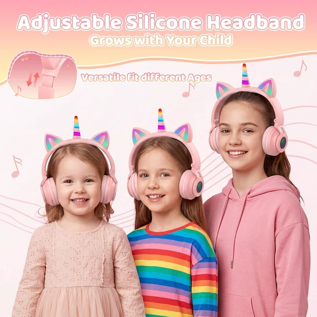 Alt view image 6 of 7 - Kids Wireless Bluetooth Headphones for Ages 2+ 75/85/94dB Safe Volume, Toddler/Girls Headphones for School/Travel/Home, Cat Ear/Unicorn Headset with Mic for iPad/Tablet