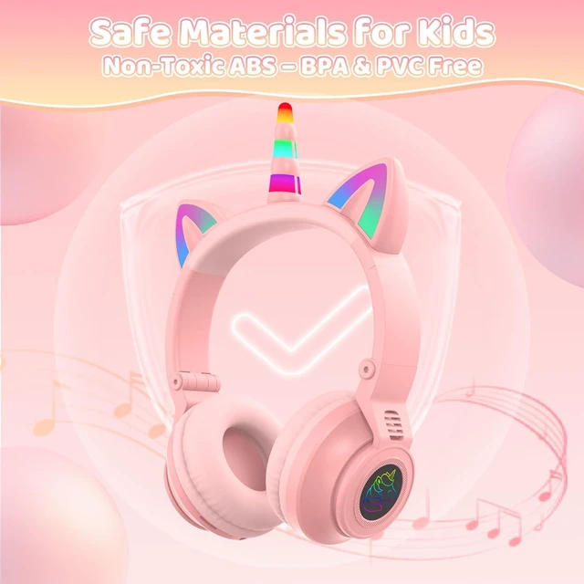 Alt view image 7 of 7 - Kids Wireless Bluetooth Headphones for Ages 2+ 75/85/94dB Safe Volume, Toddler/Girls Headphones for School/Travel/Home, Cat Ear/Unicorn Headset with Mic for iPad/Tablet
