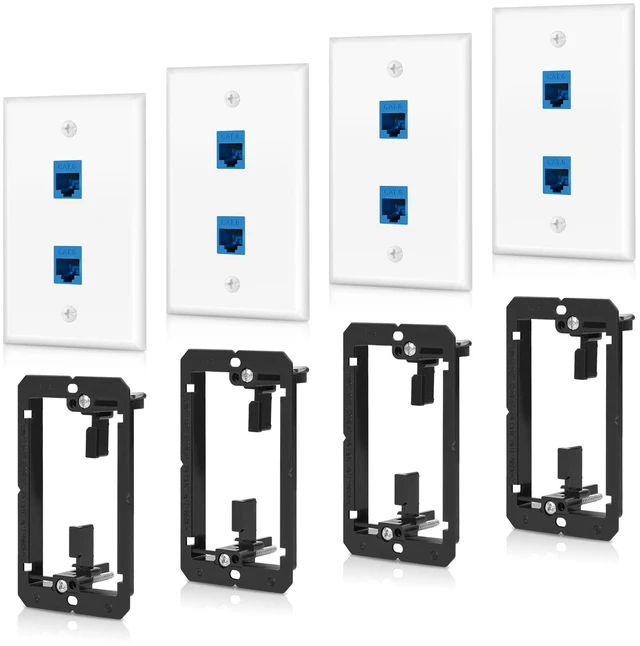 Main image of 4 Pack 2-Port Cat6 Ethernet Wall Outlet with Low Voltage Mounting Bracket RJ45 Keystone Jack Coupler Female to Female, Network Cable Pass Through Hide Behind Wall, Versatile Use, Easy Installation