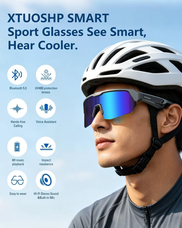 Alt view image 2 of 7 - Bluetooth Cycling Sunglasses for Adults, Smart Sports Glasses Sports sunglasses with Stereo Sound Speakers, UV400 Protection, Voice Assistant and Ergonomic Design, for Outdoor Activities
