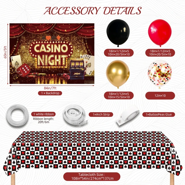 Alt view image 5 of 6 - Casino Theme Party Decorations Kit with Casino Night Backdrop Red Dice Treat Boxes, Poker Tablecloth and Balloon Garland for Las Vegas Night Adult Birthday Event Decor