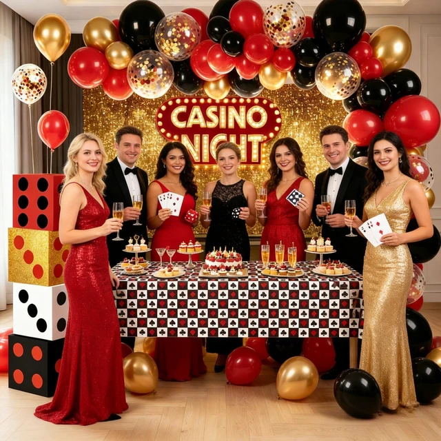 Alt view image 6 of 6 - Casino Theme Party Decorations Kit with Casino Night Backdrop Red Dice Treat Boxes, Poker Tablecloth and Balloon Garland for Las Vegas Night Adult Birthday Event Decor