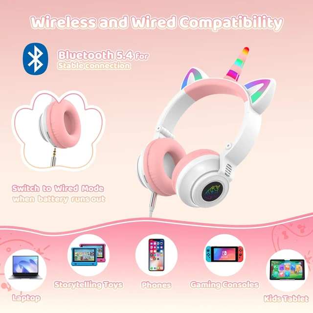 Alt view image 7 of 7 - Kids/Toddler Bluetooth Headphones for Ages 2+, 75/85/94dB Safe Volume Girls Wireless Headphones for School/Travel/Home/iPad/Tablet, Cat Ear/Unicorn Design, Built-in Mic, 48-Hour Playtime