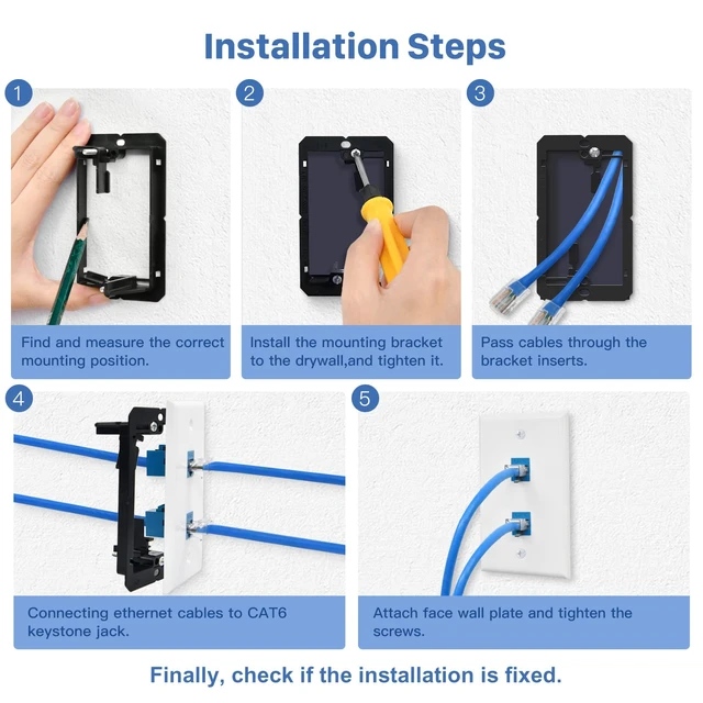 Alt view image 4 of 7 - 4 Pack 2-Port Cat6 Ethernet Wall Outlet with Low Voltage Mounting Bracket RJ45 Keystone Jack Coupler Female to Female, Network Cable Pass Through Hide Behind Wall, Versatile Use, Easy Installation