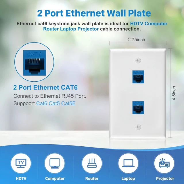 Alt view image 2 of 7 - 4 Pack 2-Port Cat6 Ethernet Wall Outlet with Low Voltage Mounting Bracket RJ45 Keystone Jack Coupler Female to Female, Network Cable Pass Through Hide Behind Wall, Versatile Use, Easy Installation