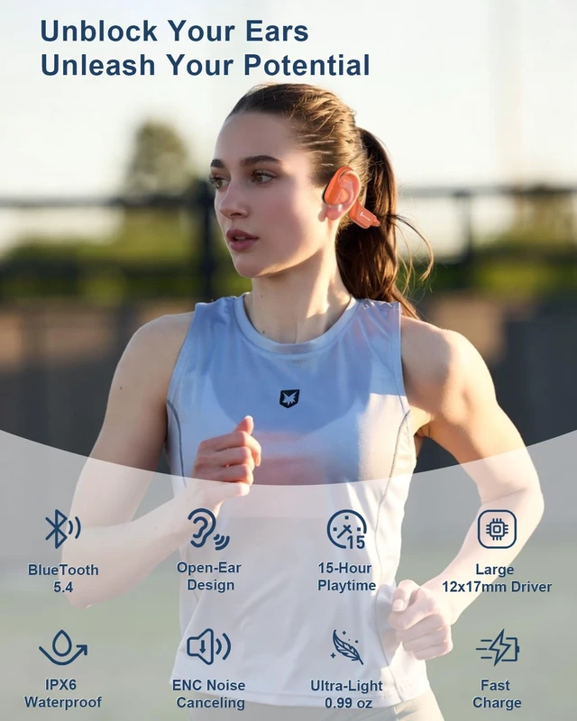 Alt view image 2 of 7 - Bone Conduction Headphones with Mic, Open Ear Headphones, Orange 15H Playtime, IPX6 Water-Resistant, USB-C Fast Charge, Bluetooth 5.4, ENC Noise Reduction, Earbuds for Running & Cycling