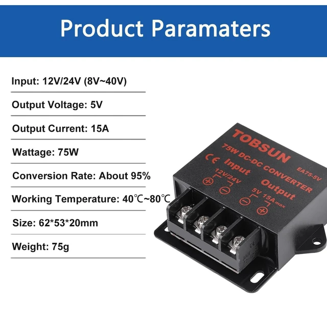 Alt view image 4 of 7 - DC-DC Step Down Buck Converter Voltage Regulator Power Supply Transformer 12-24V to 5V 15A 75W, Over-Voltage Protection, Short-Circuit Auto Recovery, Car Audio & LED Use