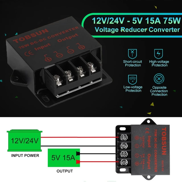 Alt view image 5 of 7 - DC-DC Step Down Buck Converter Voltage Regulator Power Supply Transformer 12-24V to 5V 15A 75W, Over-Voltage Protection, Short-Circuit Auto Recovery, Car Audio & LED Use