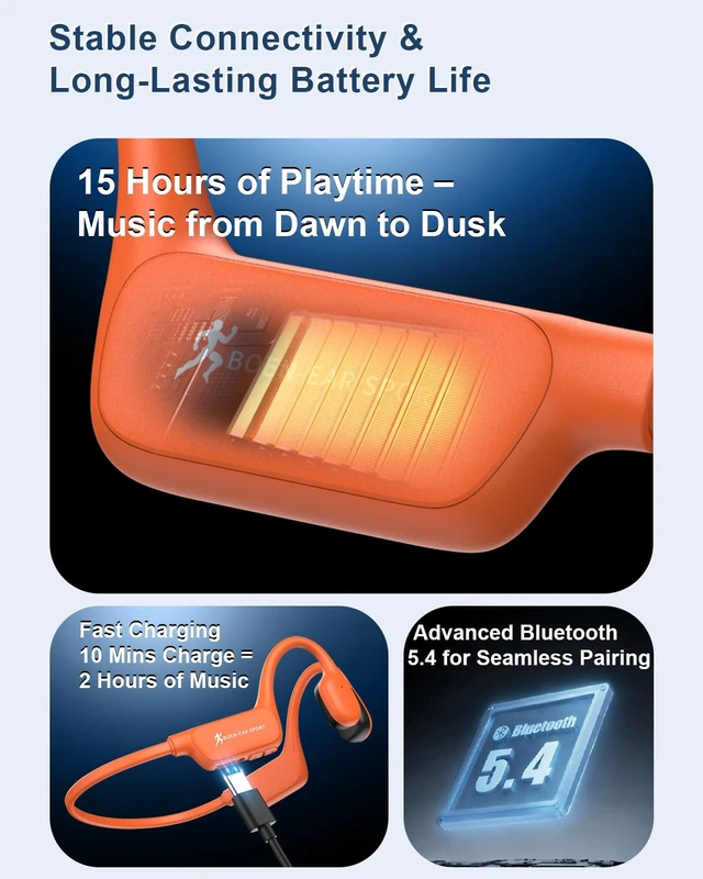 Alt view image 7 of 7 - Bone Conduction Headphones with Mic, Open Ear Headphones, Orange 15H Playtime, IPX6 Water-Resistant, USB-C Fast Charge, Bluetooth 5.4, ENC Noise Reduction, Earbuds for Running & Cycling