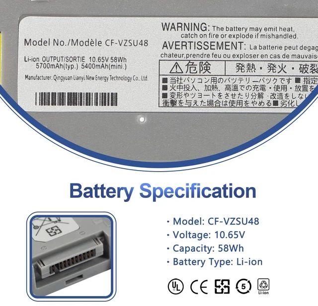 Alt view image 2 of 6 - CF-VZSU48 Laptop Battery for Panasonic Toughbook CF-19 CF19 MK1 MK2 MK3 MK4 MK5 MK6 MK7 MK8 Series CF-VZSU48U CF-VZSU28 CF-VZSU48R CF-VZSU50 CF-VZSU58U 10.65V 58Wh