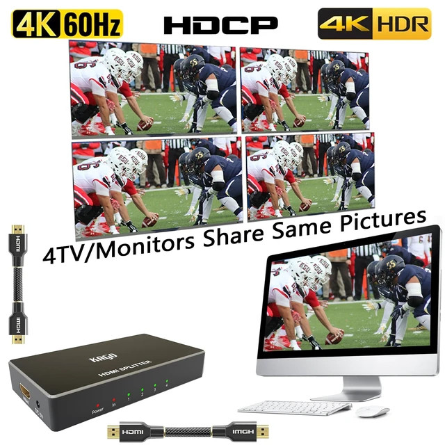 Alt view image 2 of 7 - 4K@60Hz 4 Port HDMI Splitter 1x4 with Smart EDID HDR & 1080P@120Hz, 18Gbps HDCP 2.2 Pass-Through, Dolby Audio, Plug & Play, Metal Housing