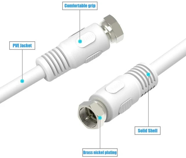 Alt view image 3 of 7 - Coaxial Cable 3 feet, RG6 Coaxial Cable, 2 Pack White 75 Ohm Quad Shield TV Antenna Cables with F-Male Connectors, Ideal for TV DVR Satellite