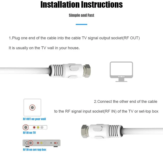 Alt view image 4 of 7 - Coaxial Cable 3 feet, RG6 Coaxial Cable, 2 Pack White 75 Ohm Quad Shield TV Antenna Cables with F-Male Connectors, Ideal for TV DVR Satellite