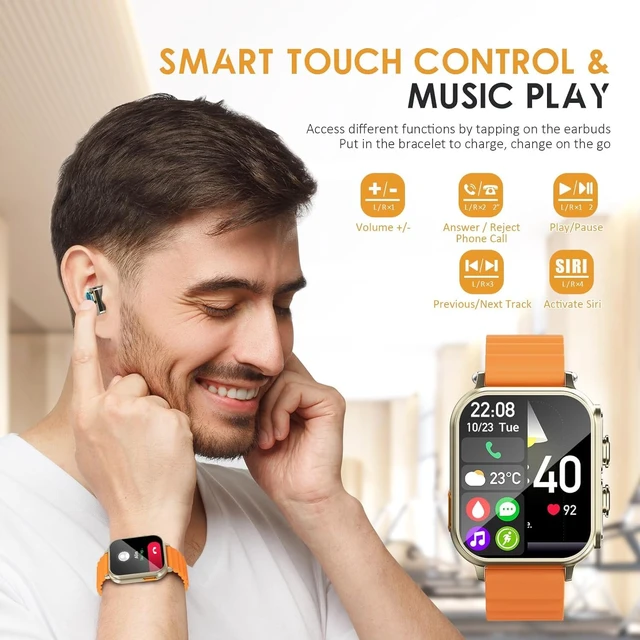 Alt view image 4 of 7 - Smart Watch with Earbuds,2-in-1,Touchscreen,for iOS Android Bluetooth 5.3,Fitness Tracker,Heart Rate,Sleep Monitor,Long-lasting battery,Ultra-slim,Durable strap,Message notifications