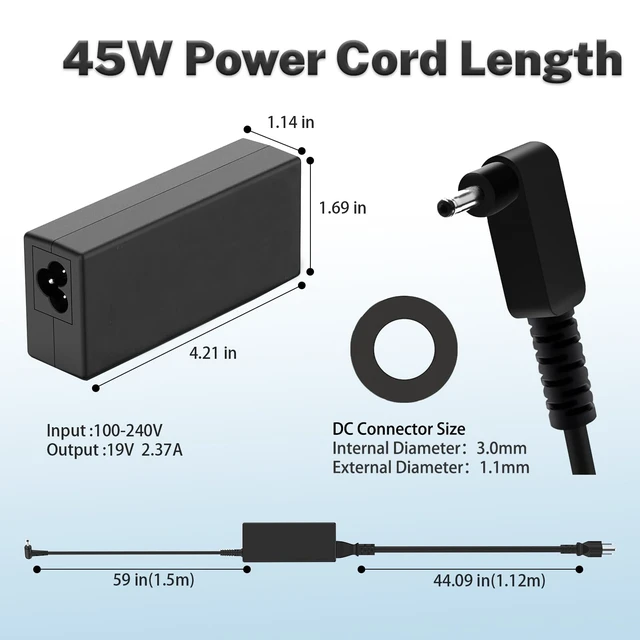 Alt view image 4 of 7 - N20C5 N23C3 N19H1 N19H2 N20C4 N23H1 45W 3.0 * 1.1mm Small Pin AC Power Charger Fit for Acer Aspire 1 3 5 r7 ADP-45FE F A314-23P a315-35 A315-23 A515-54 A515-45-r74z PA-1450-26 Laptop Adapter Cord